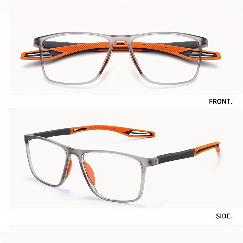 Front and side views of smoky gray sport reading glasses with orange temples and nose pads