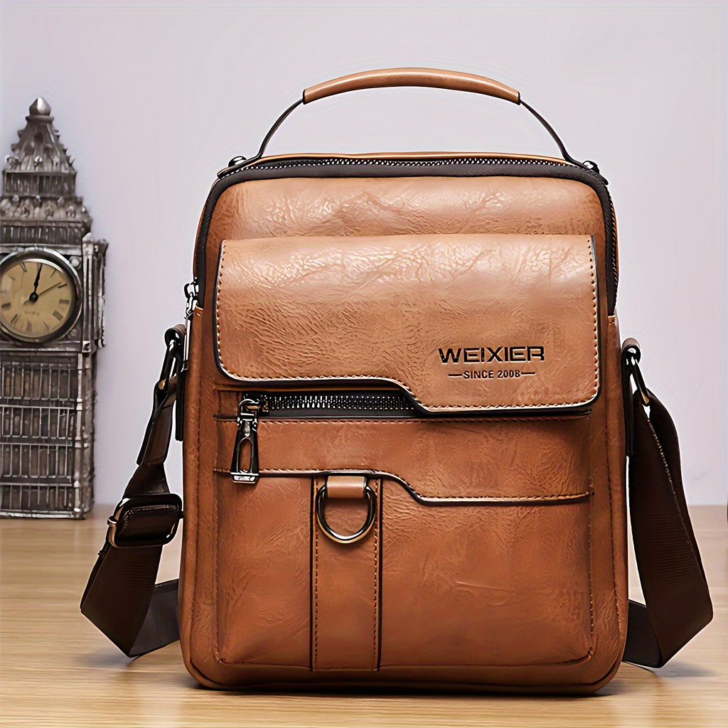 Front view of Montero Milan vintage men’s shoulder bag in tan with flap and zipper details