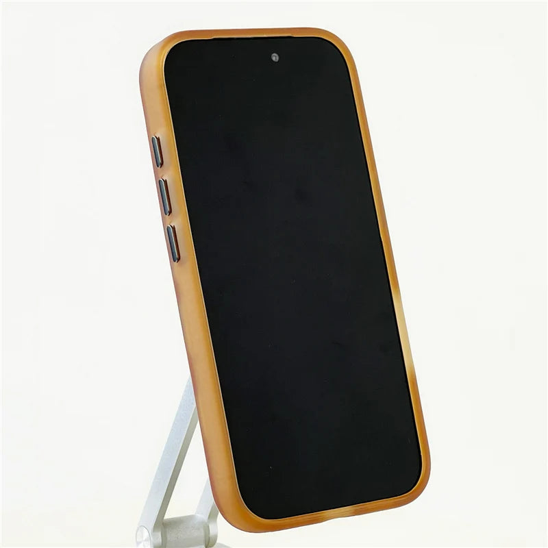 Front view of brown graffiti iPhone 17 MagSafe cover showing raised screen edges