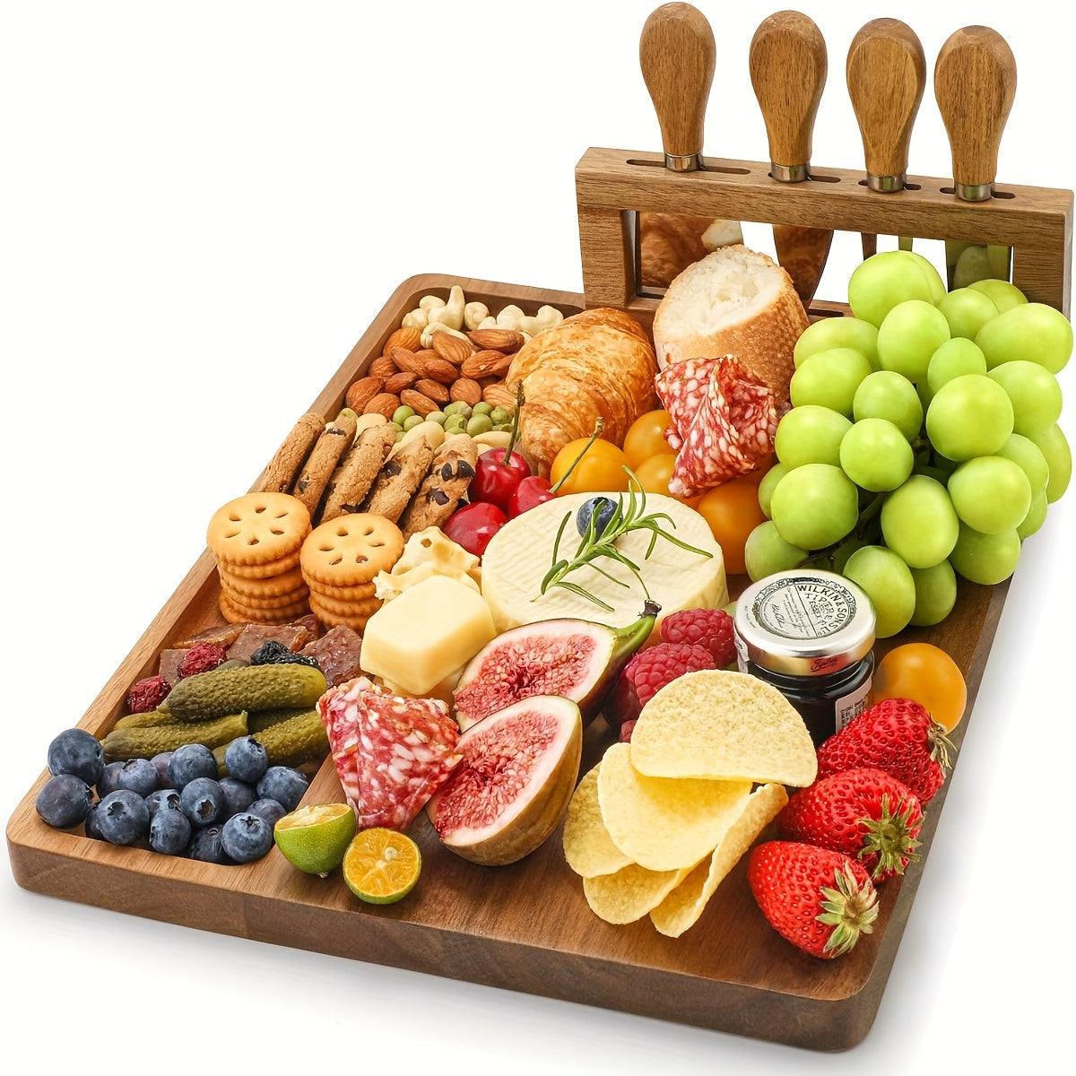 Fully loaded charcuterie board with crackers, fruit, and cheese on wooden tray with knife holder