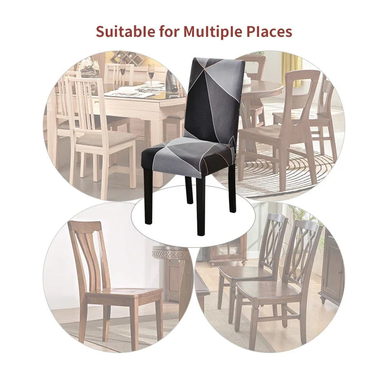 Geometric black and gray stretch chair cover displayed in various dining room setups