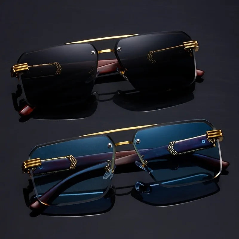 Gold-accented frameless sunglasses with gradient blue square lenses, side view