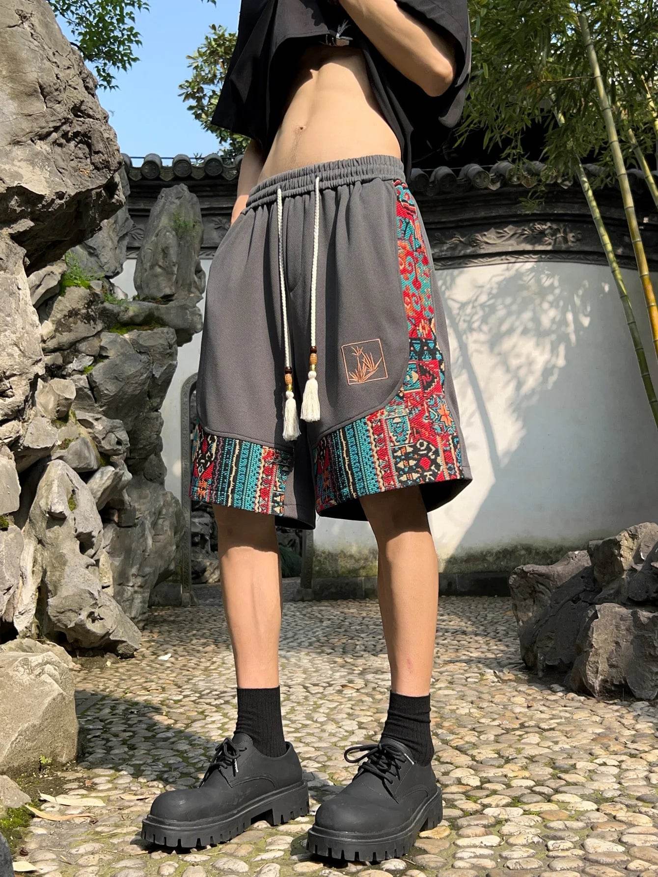 Ethnic Patchwork Drawstring Shorts - Montero Milan