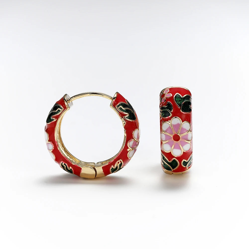 Enamel Floral Hoop Earrings