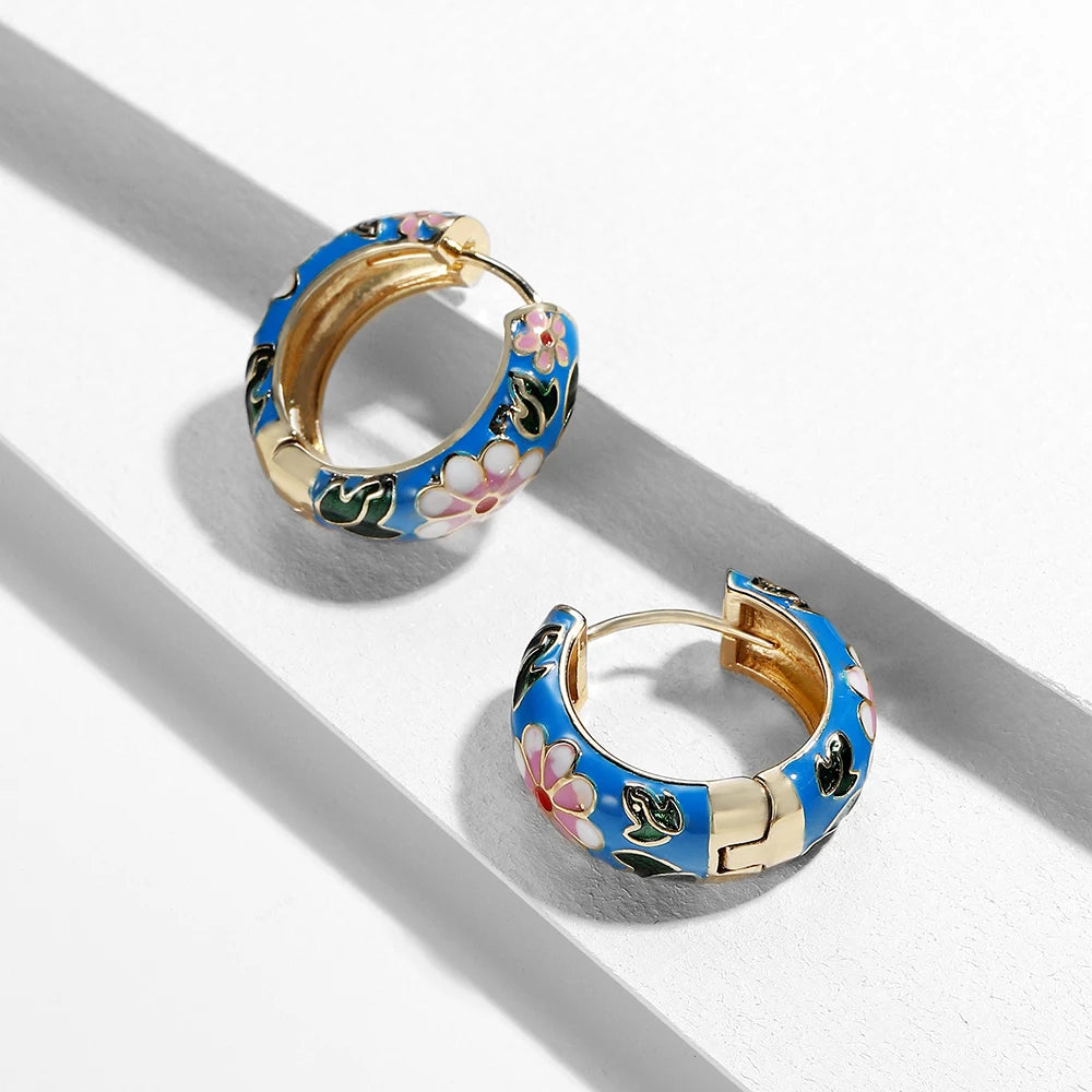 Enamel Floral Hoop Earrings