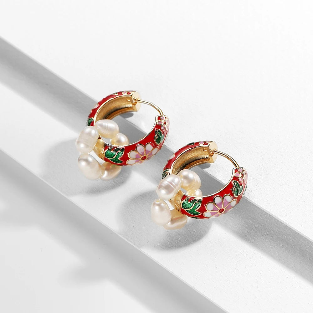 Enamel Floral Hoop Earrings