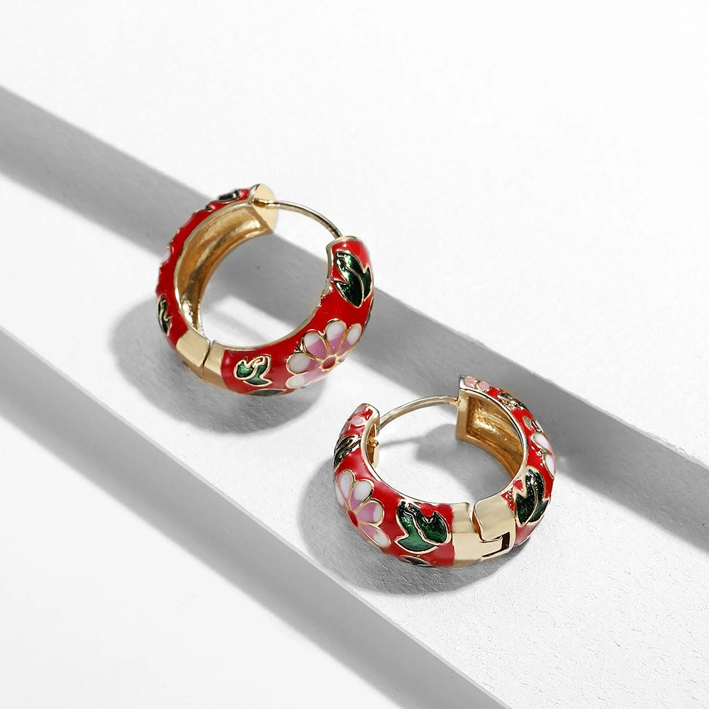 Enamel Floral Hoop Earrings