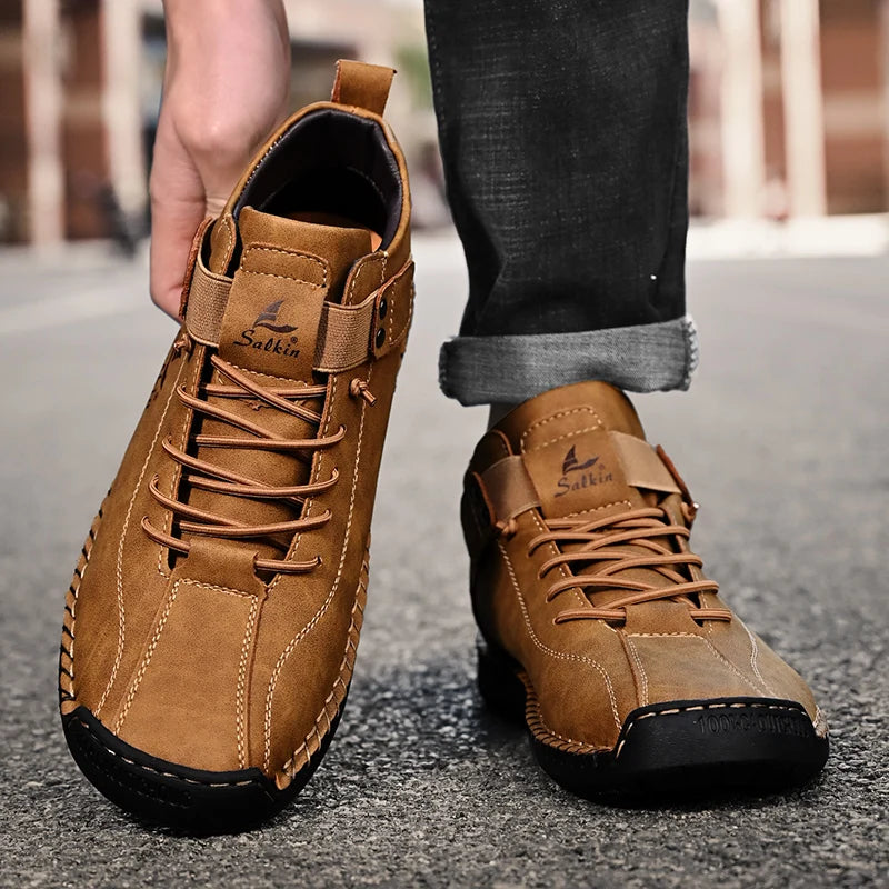 Handmade brown leather ankle sneakers for men, breathable and warm, street view