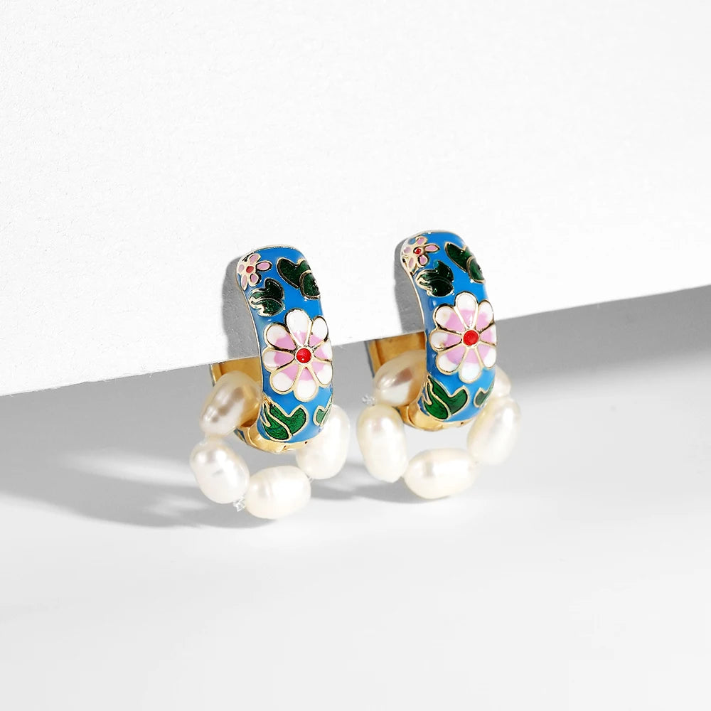 Enamel Floral Hoop Earrings