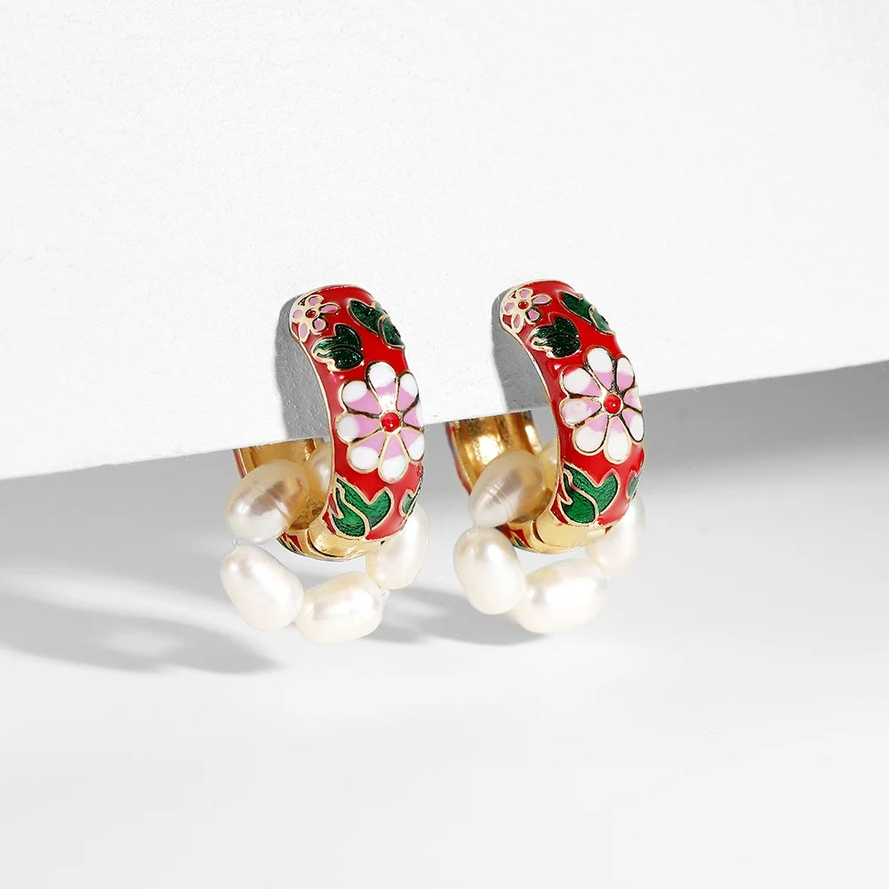 Enamel Floral Hoop Earrings