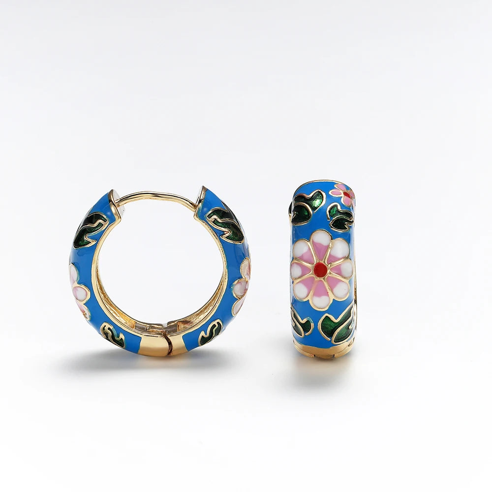 Enamel Floral Hoop Earrings