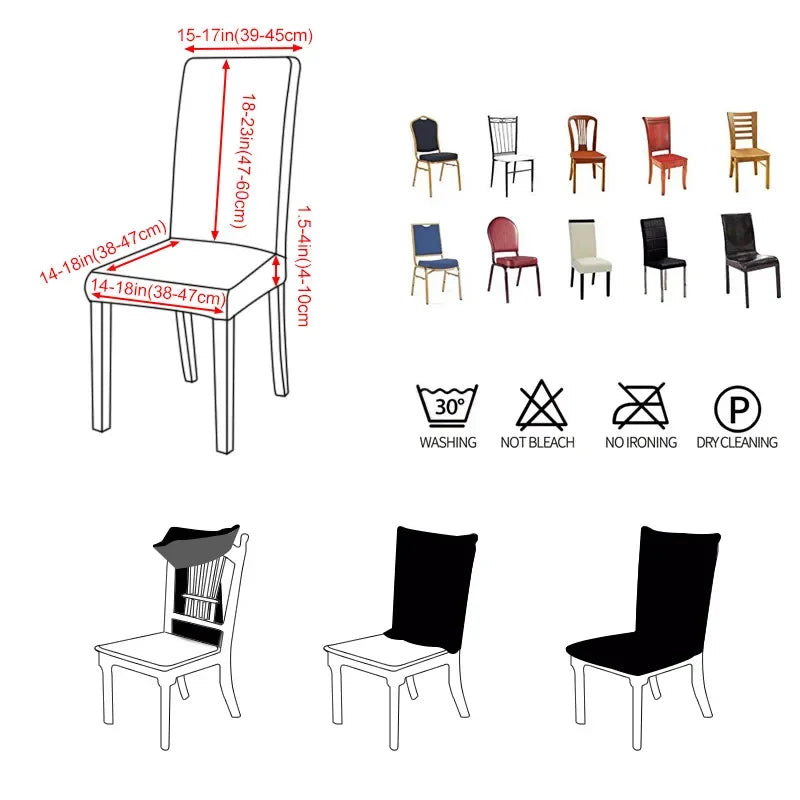Illustrated fit guide for stretch chair covers with compatible chair types and measurements