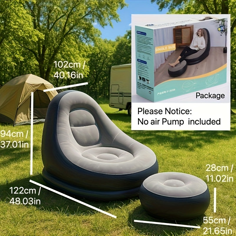 Inflatable chair and ottoman dimensions shown in outdoor campsite with product box