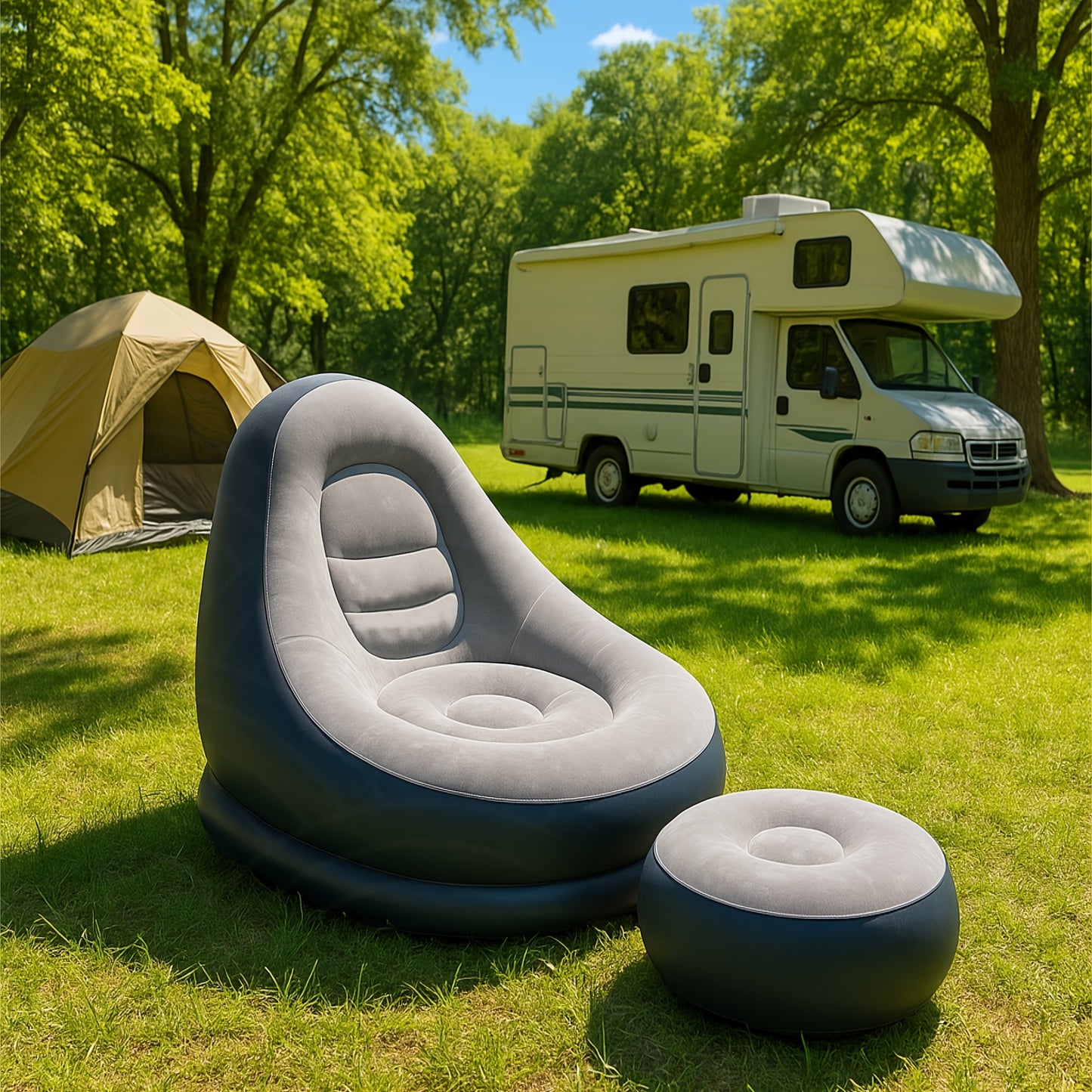 Inflatable lounge chair and footrest set up at a green campsite with tent and RV