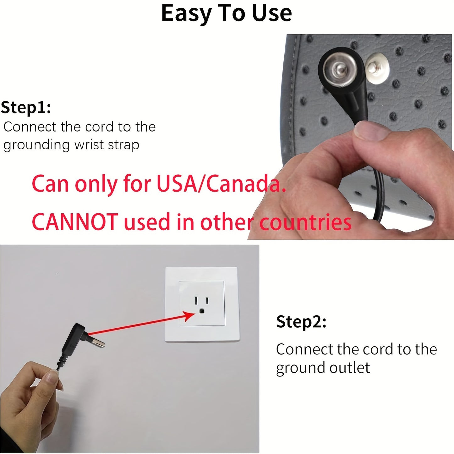 Instructional graphic showing how to connect grounding strap to USA-style plug