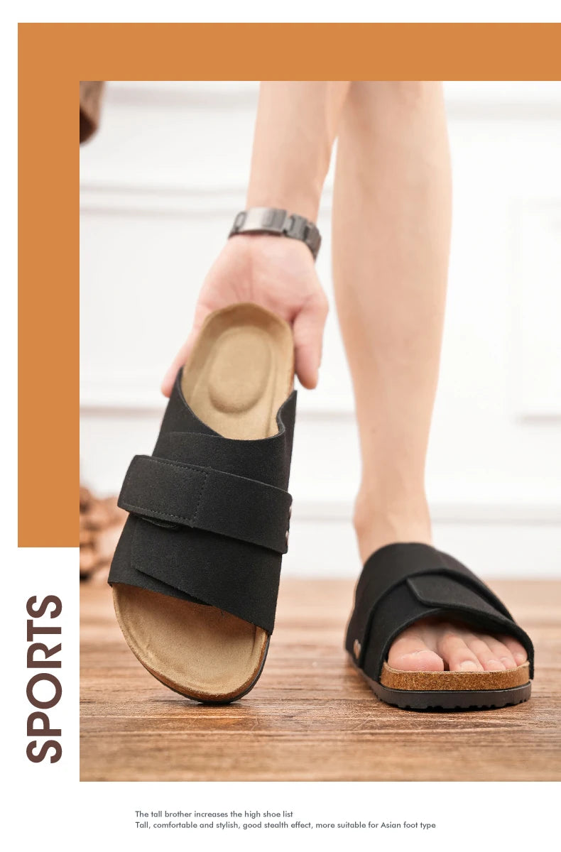 Khaki suede cork sandal shown side angle with ergonomic footbed
