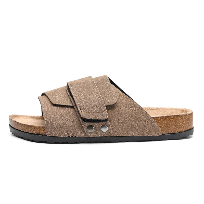 Khaki suede cork sandal with adjustable strap and rivet detail, side view on white background