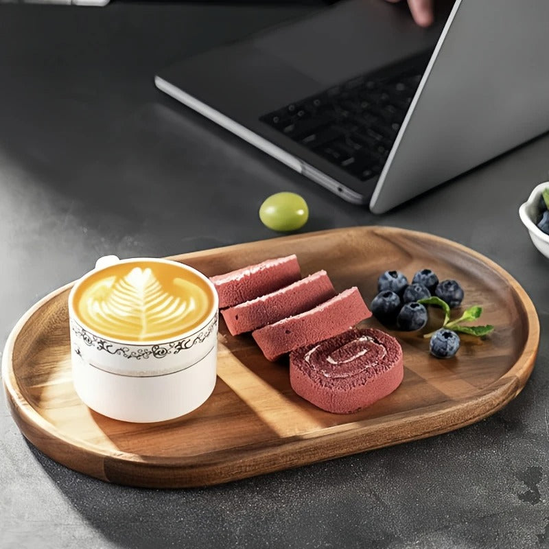Laptop-side breakfast with latte and cake rolls served on wide Mokura solid wood tray