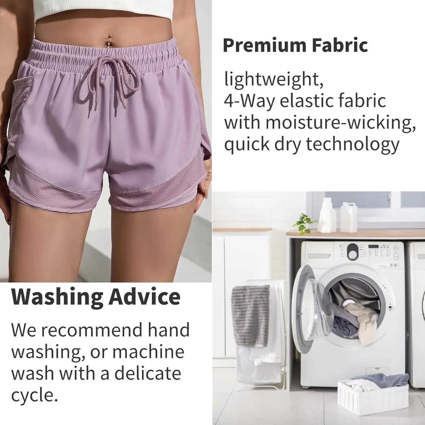 Lavender athletic shorts with quick-dry fabric and machine wash advice layout