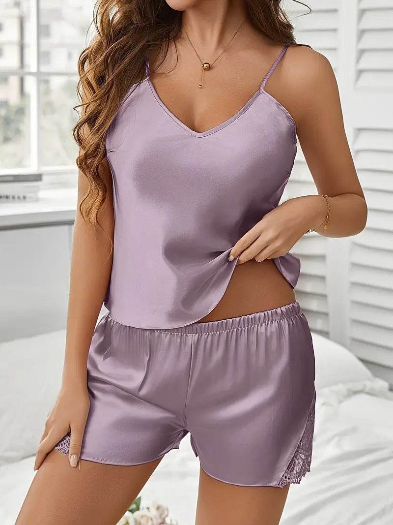 Solid Satin Lace Pajama Set - Montero Milan