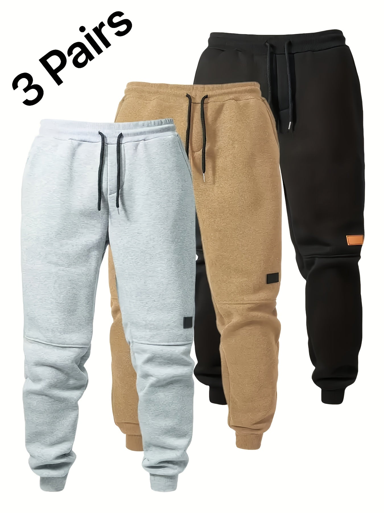 Light grey, tan, and black jogger sweatpants 3-pack