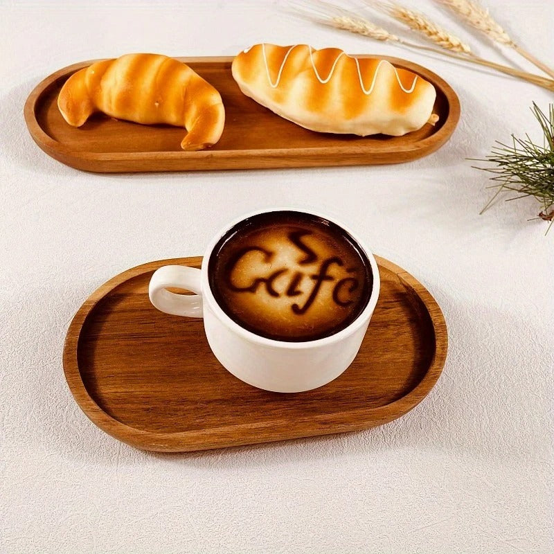 Light wood Mokura tray with milk tea and rustic bread by white curtain window