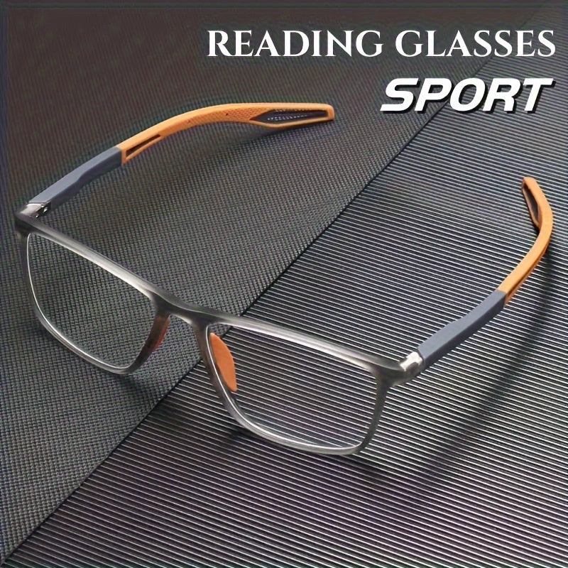 Lightweight sport reading glasses with orange arms and flexible design