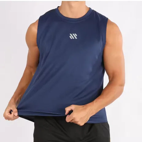 Man in navy quick-dry mesh tank top for workouts, athletic front pose in mirror