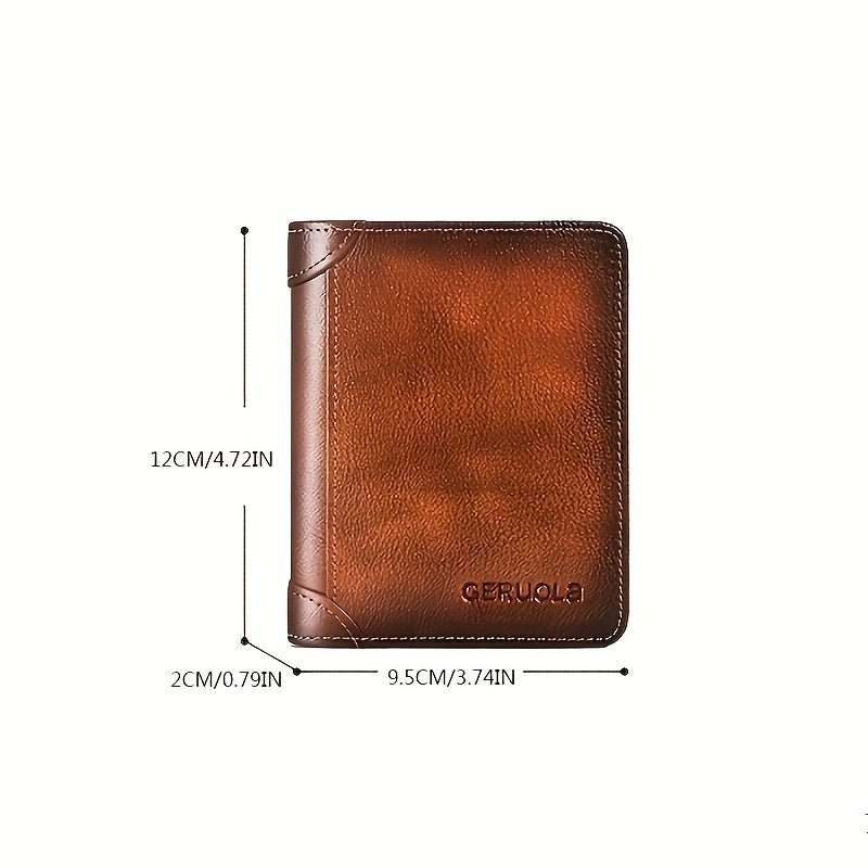 Measurements of brown leather wallet, showing height, width, and thickness in cm/inches