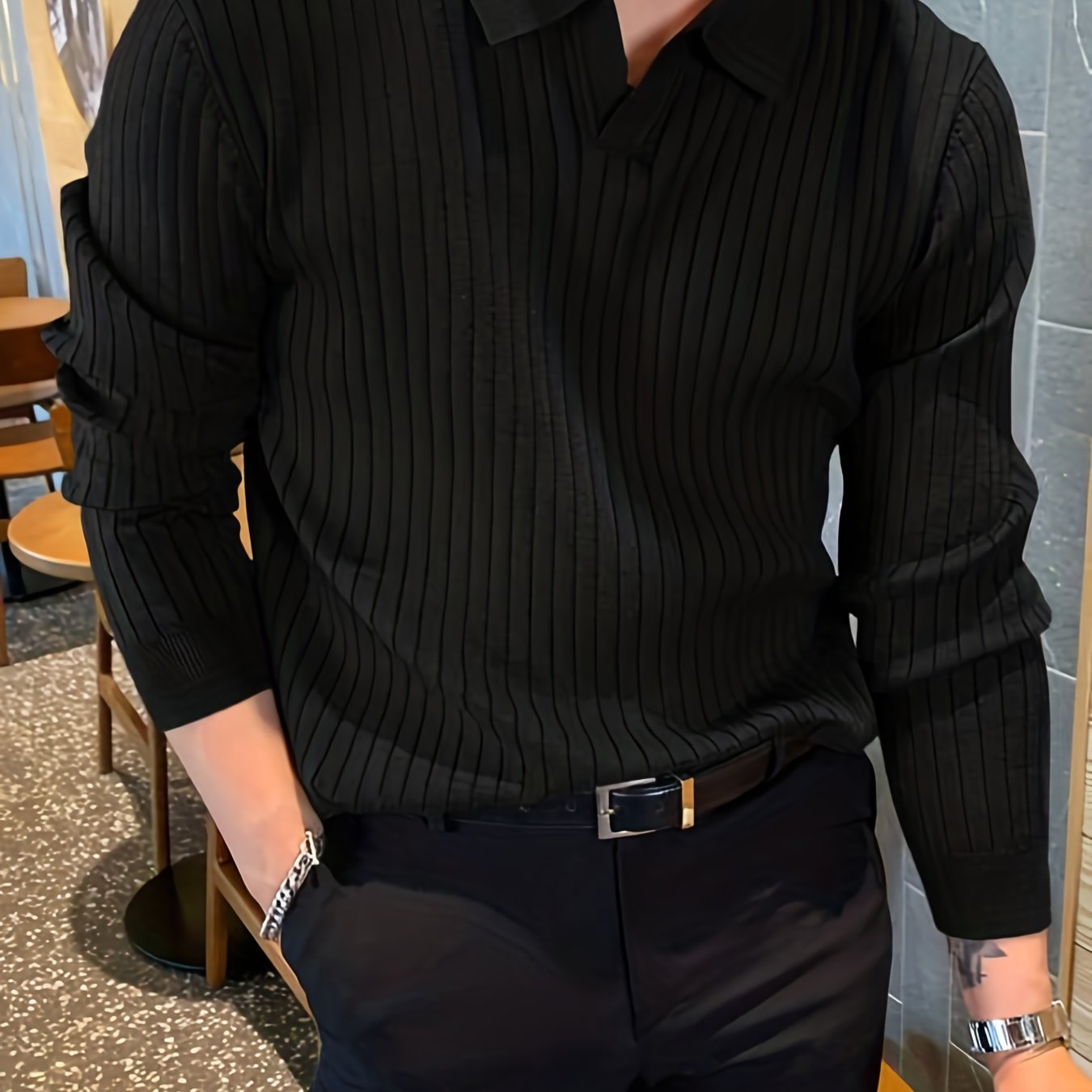 Men's black stretch knit polo sweater with ribbed detailing, front view