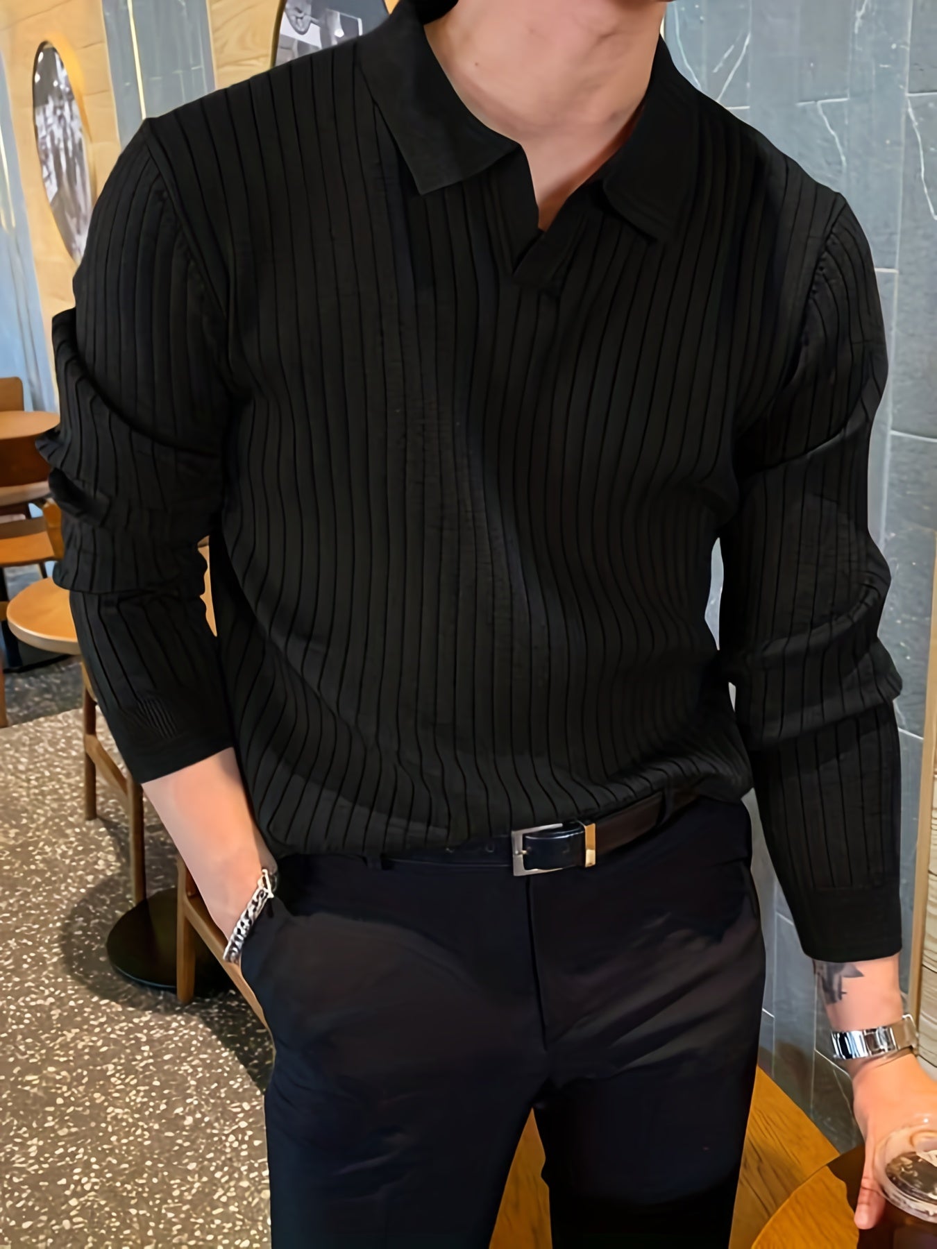 Men's black stretch knit polo sweater with ribbed texture