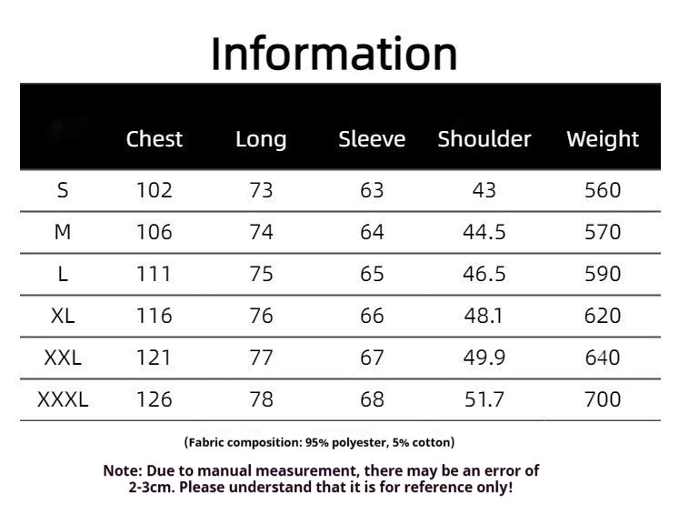 Men's blazer size chart with chest, sleeve, shoulder, and length measurements in centimeters