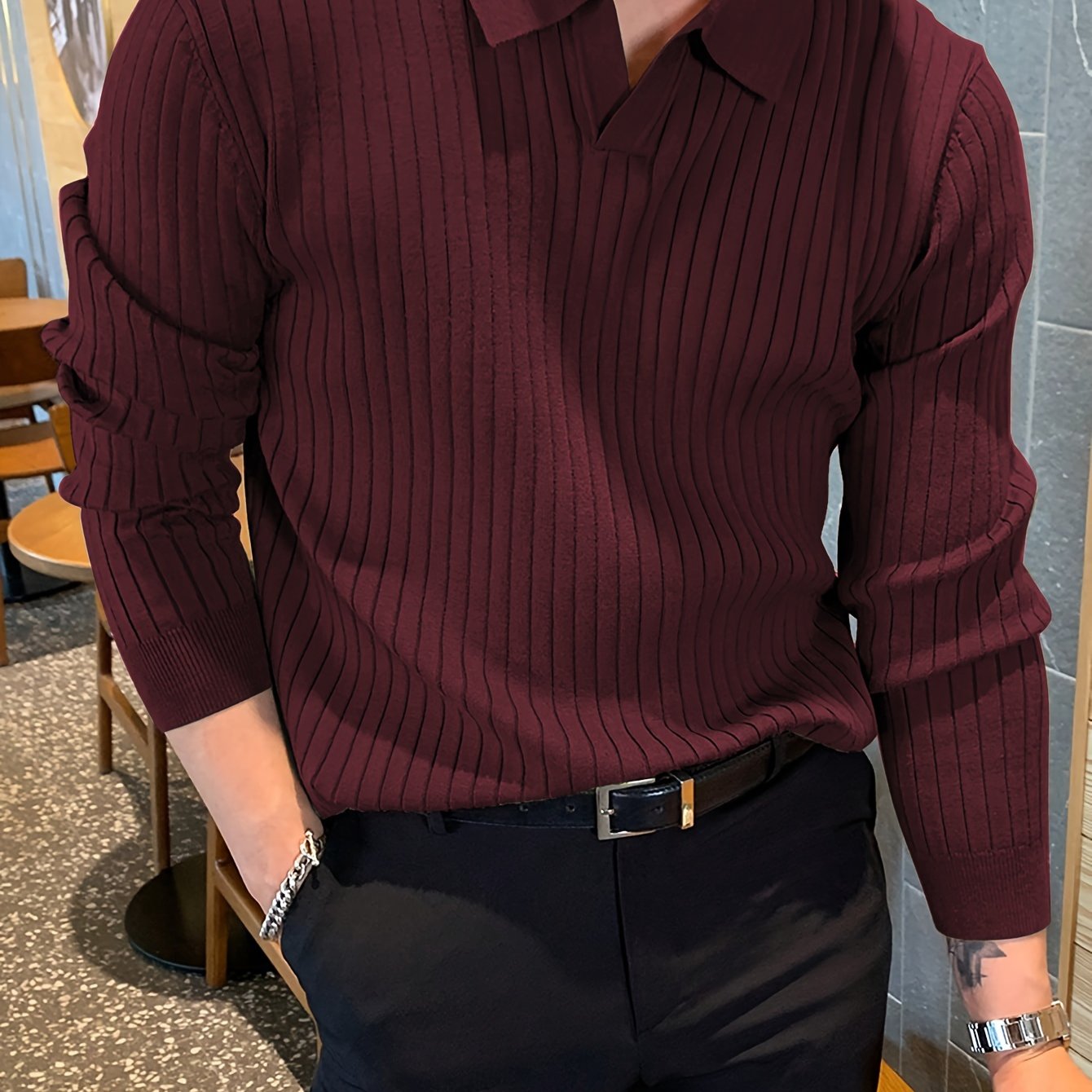 Men's burgundy ribbed knit polo sweater with V-neck collar