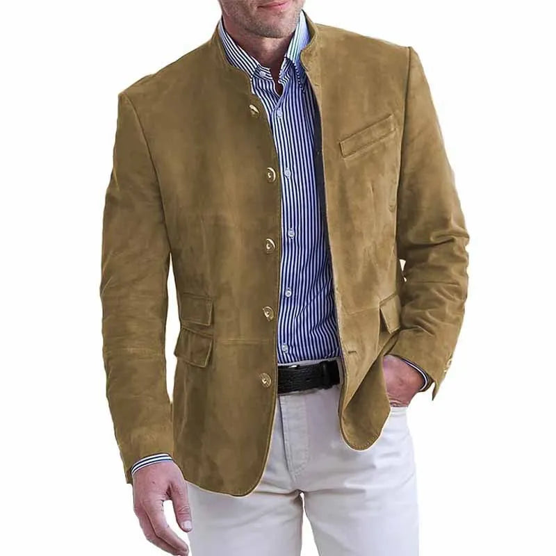 Men's casual suede blazers in four colors with button-front design, main view in camel brown