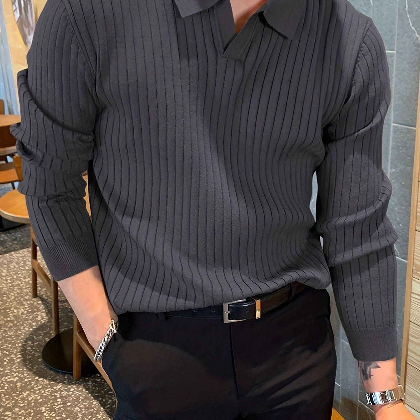 Men's charcoal gray ribbed knit polo sweater with polo collar, front view