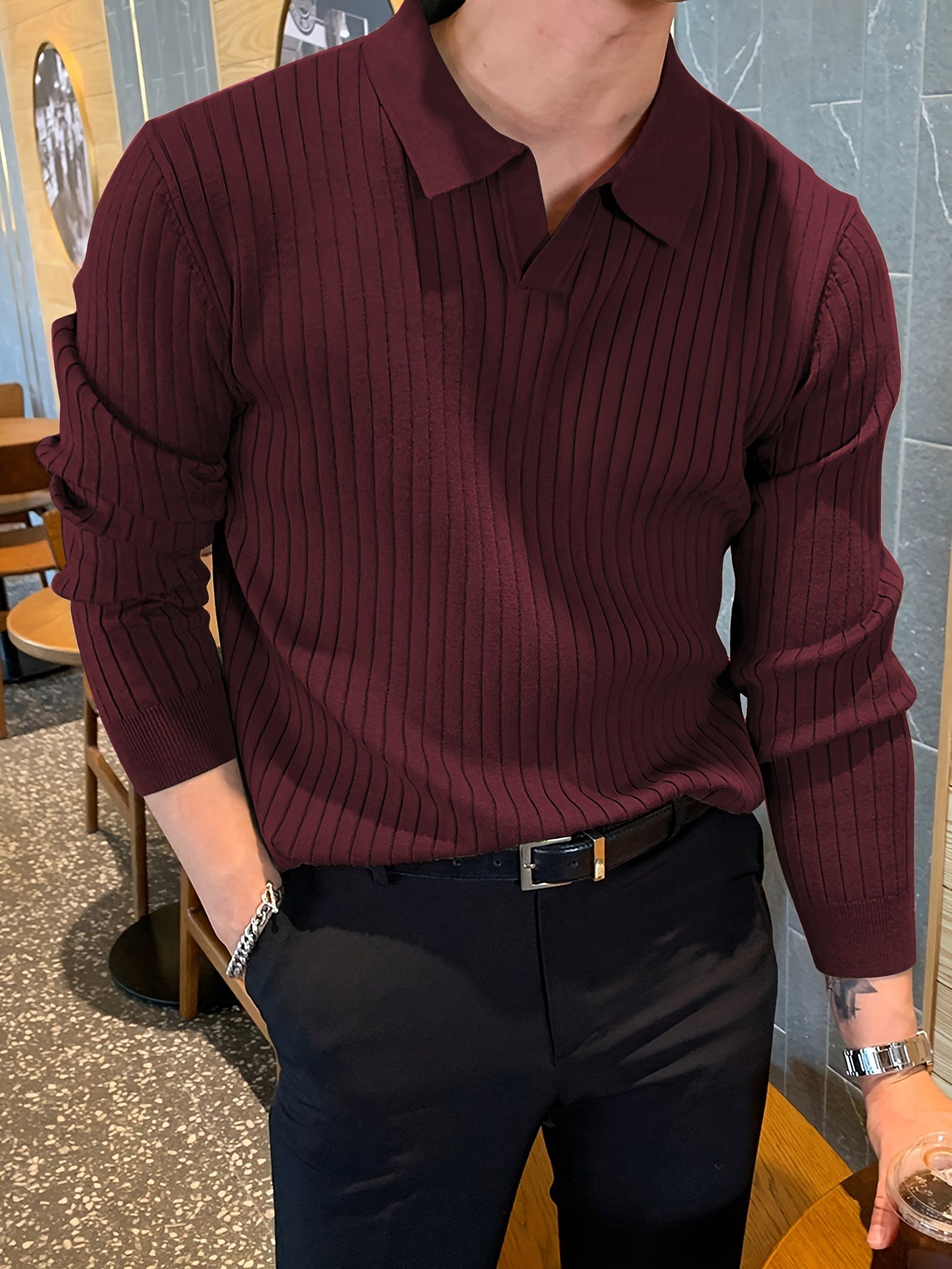 Men's dark burgundy ribbed knit polo sweater for autumn wear