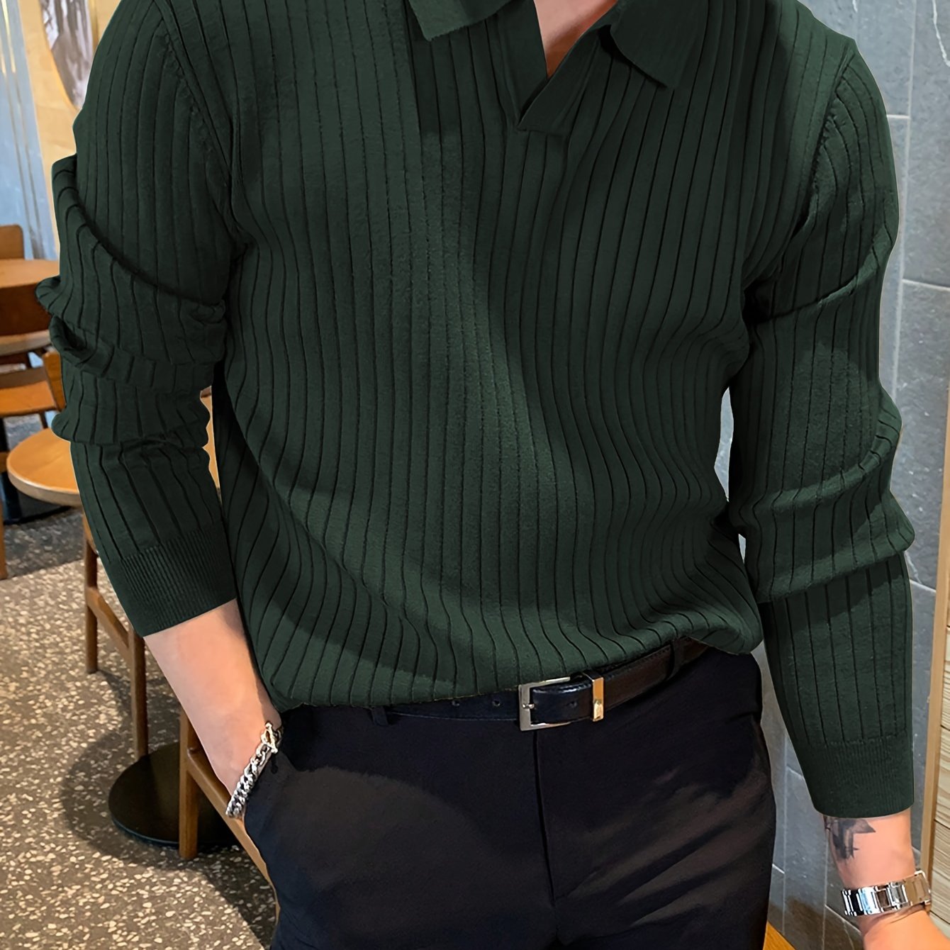 Men's dark green knit polo sweater with ribbed texture, front view