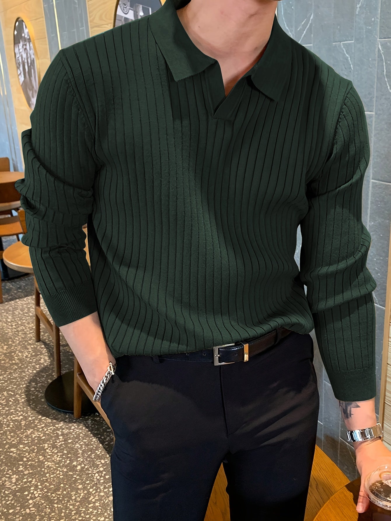 Men's deep forest green knit polo sweater with ribbed detailing