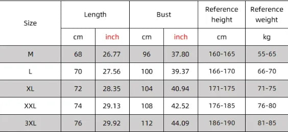 Men’s gym tank top size chart with bust, length, height, and weight measurements