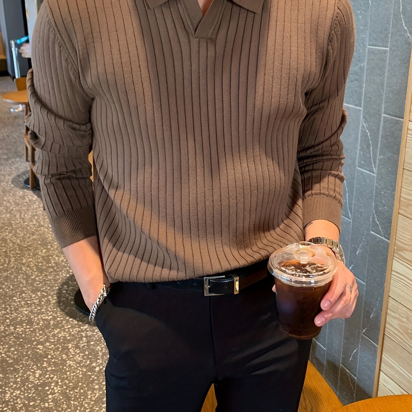 Men's mocha brown knit polo sweater with ribbed design