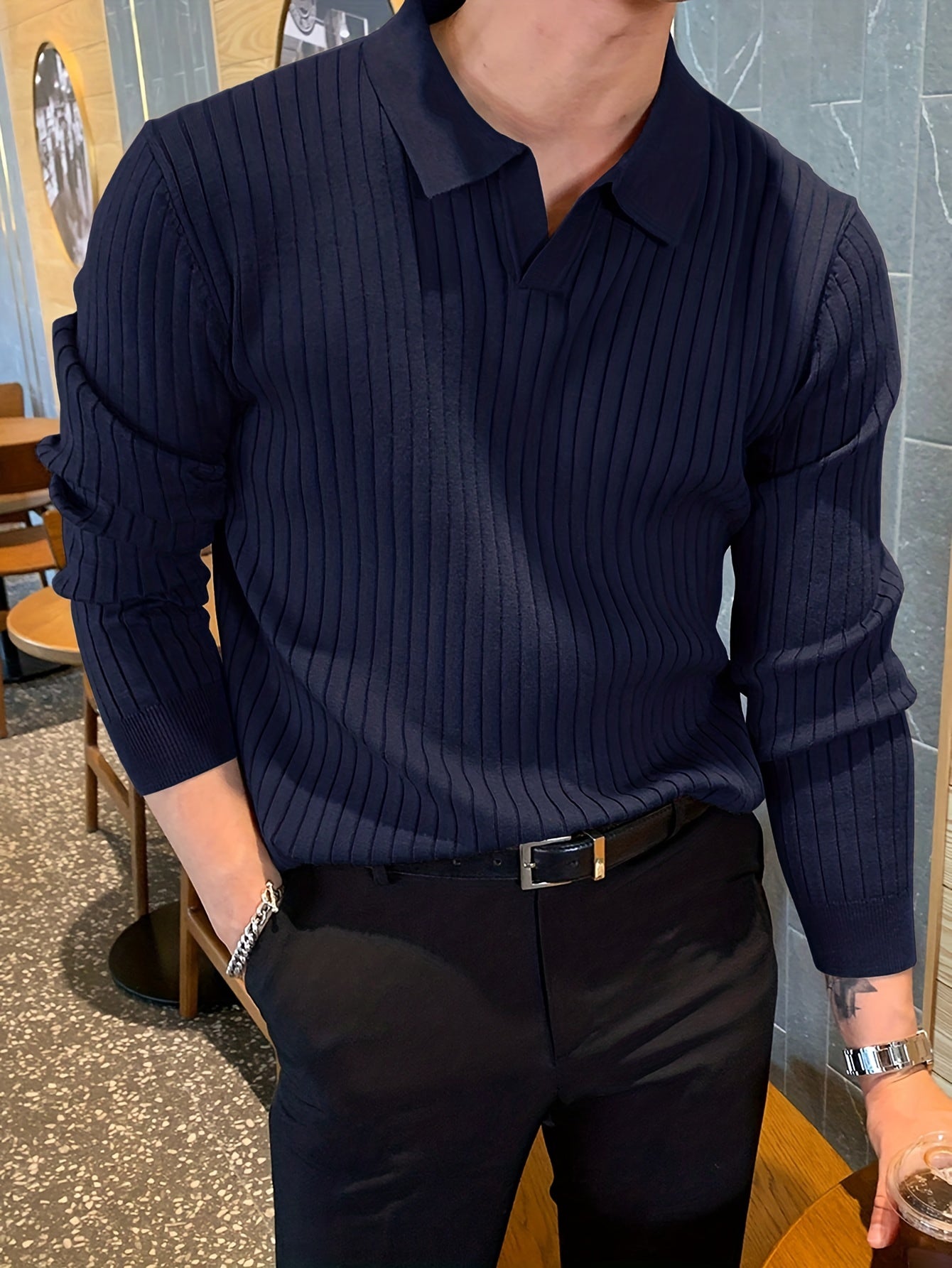 Men's navy blue stretch knit polo sweater with ribbed finish