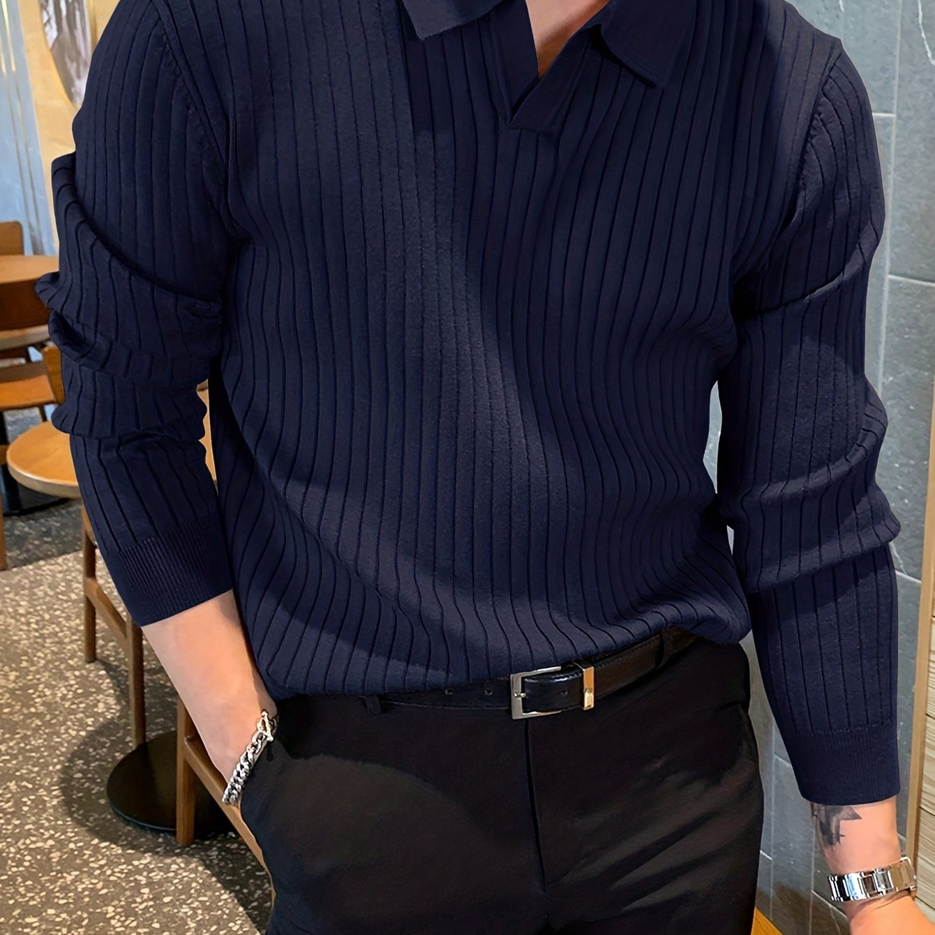 Men's navy blue stretch knit polo sweater with ribbed texture