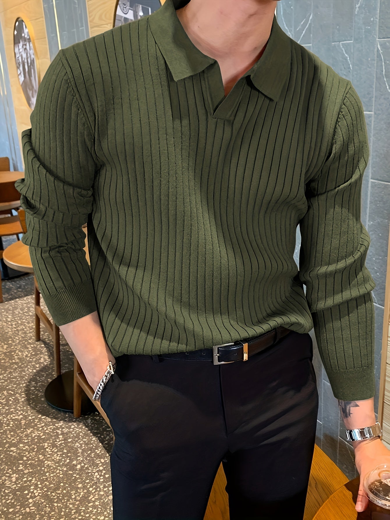 Men's olive green ribbed knit polo sweater with long sleeves