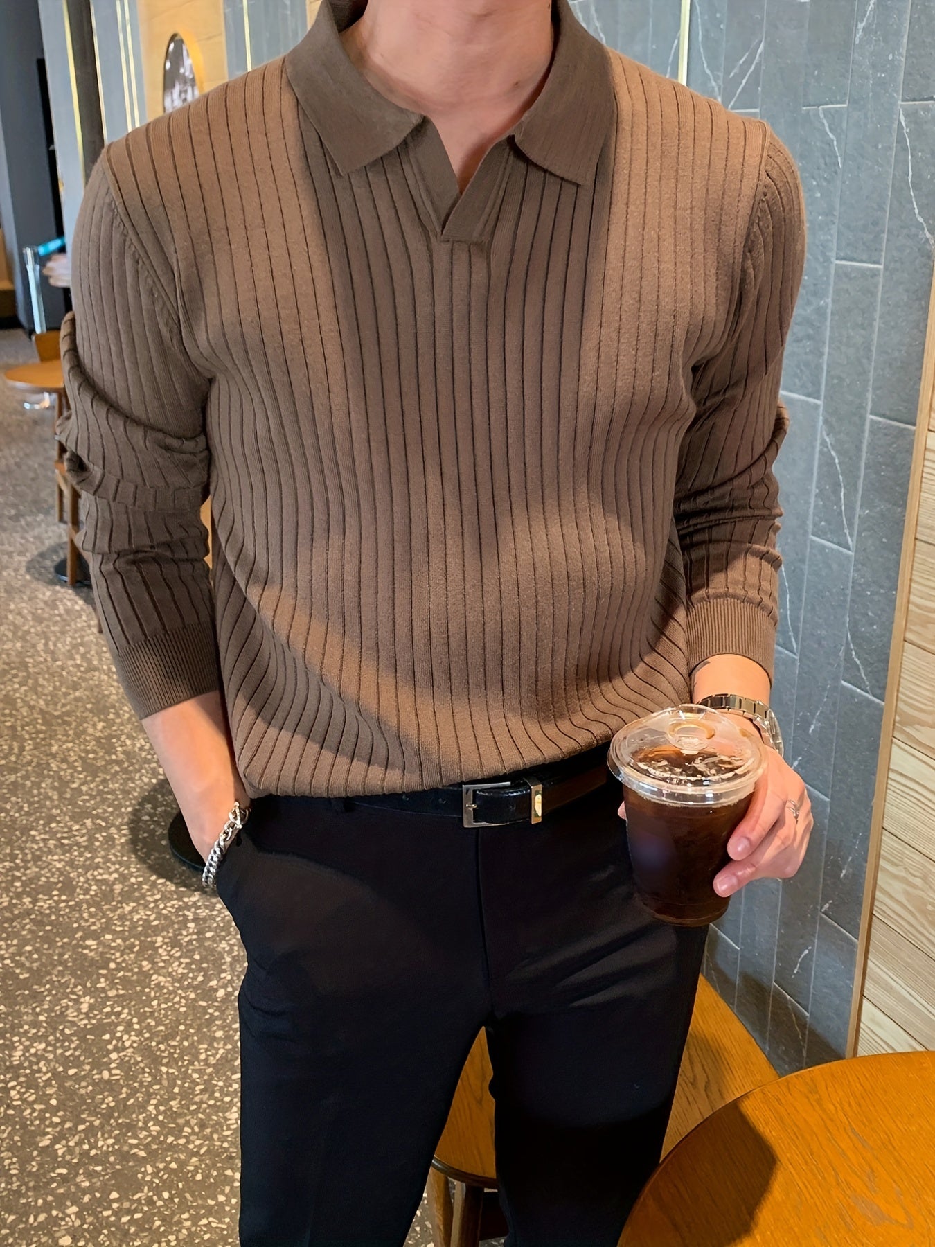Men's ribbed knit polo sweater in coffee brown, long sleeve design