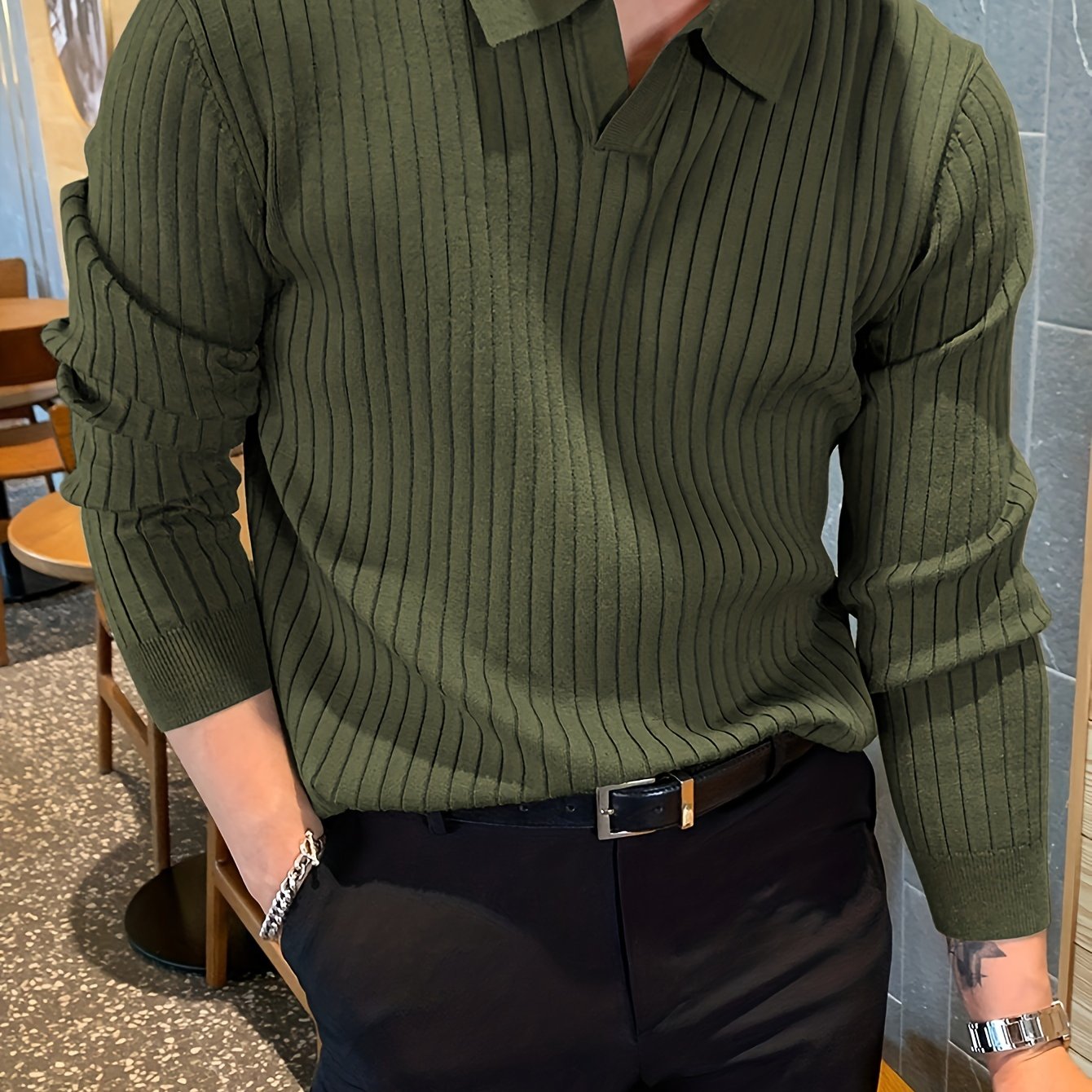 Men's sage green ribbed knit polo sweater with casual fit