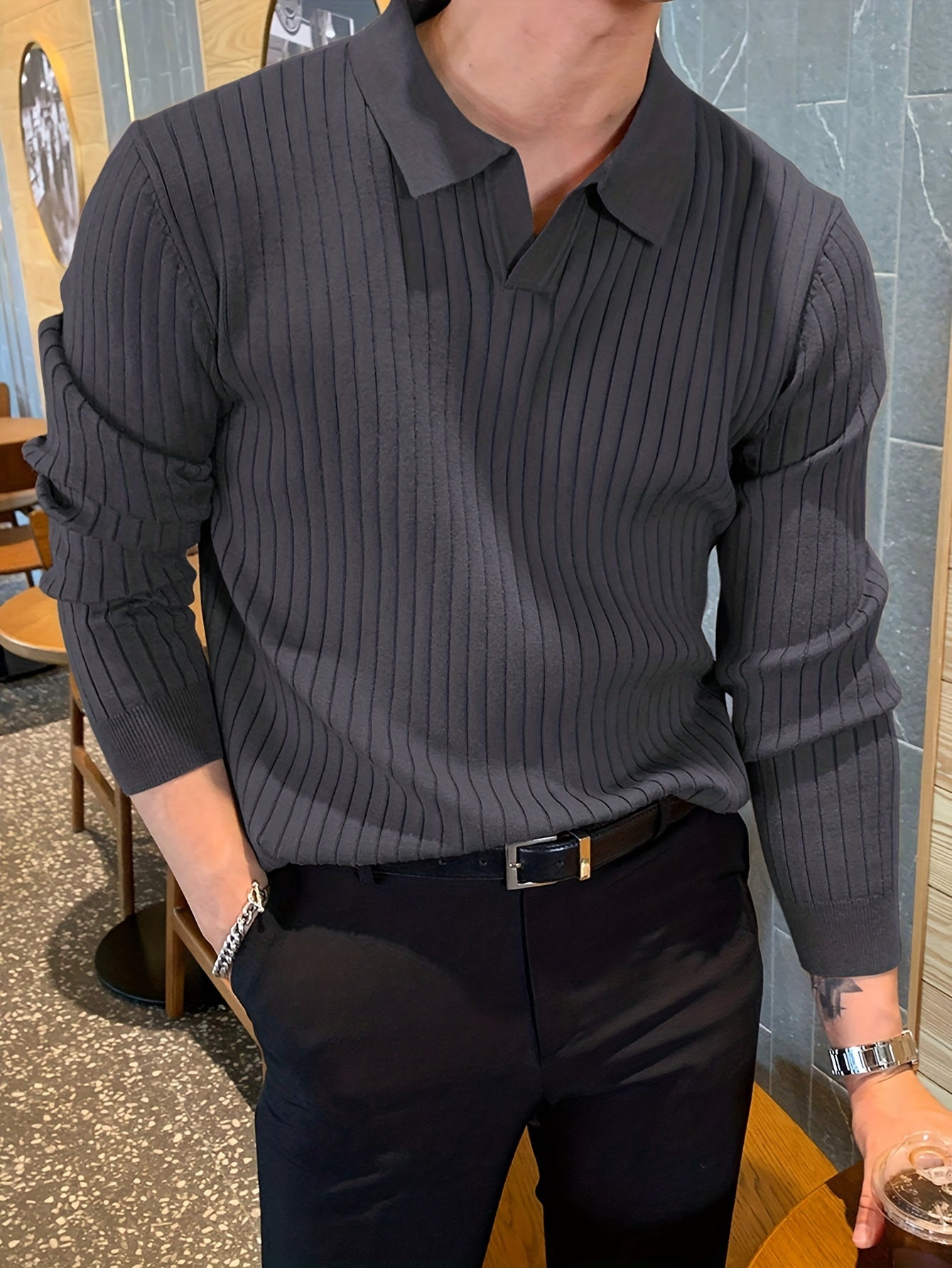 Men's stretch knit polo sweater in charcoal gray with ribbed detail