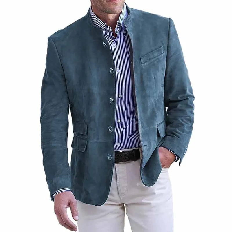 Men's suede-look blazer in blue with stand collar, styled over striped shirt, front view