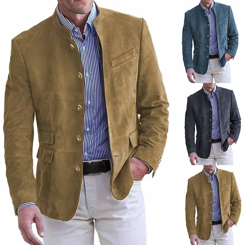 Men's suede-look blazers in camel, blue, dark gray, and mustard, button-front with stand collar, collage view