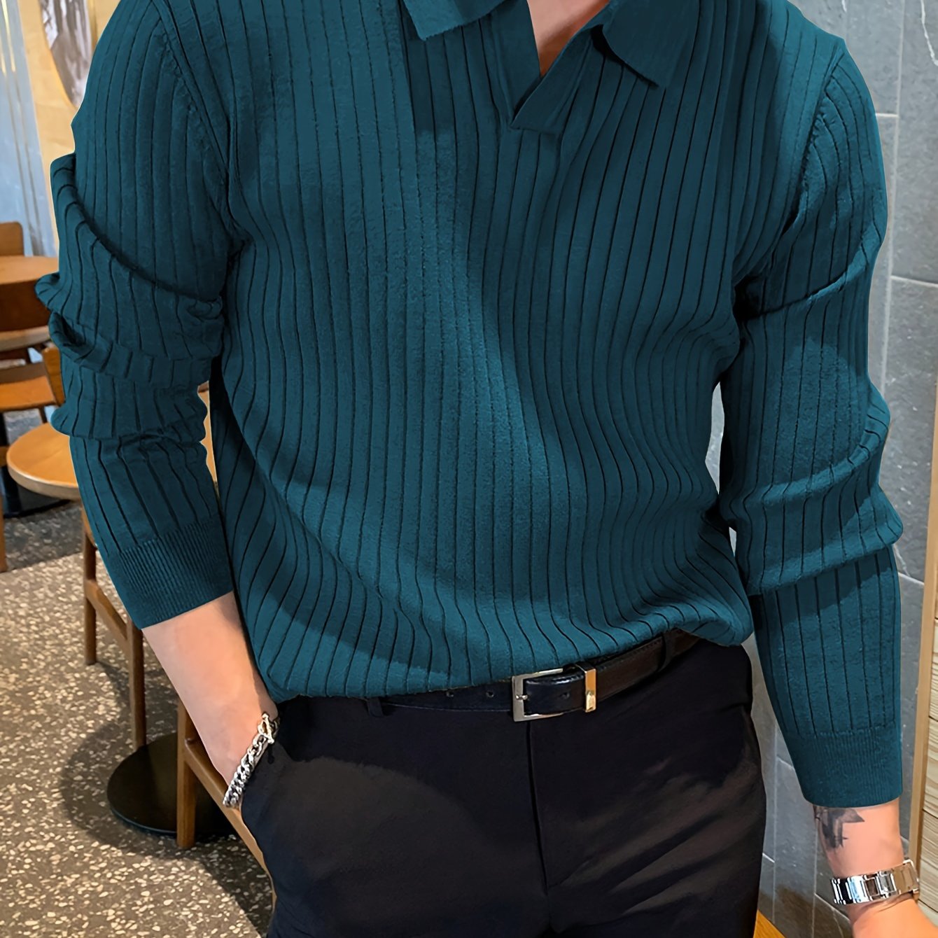 Men's teal blue ribbed knit polo sweater with notch collar