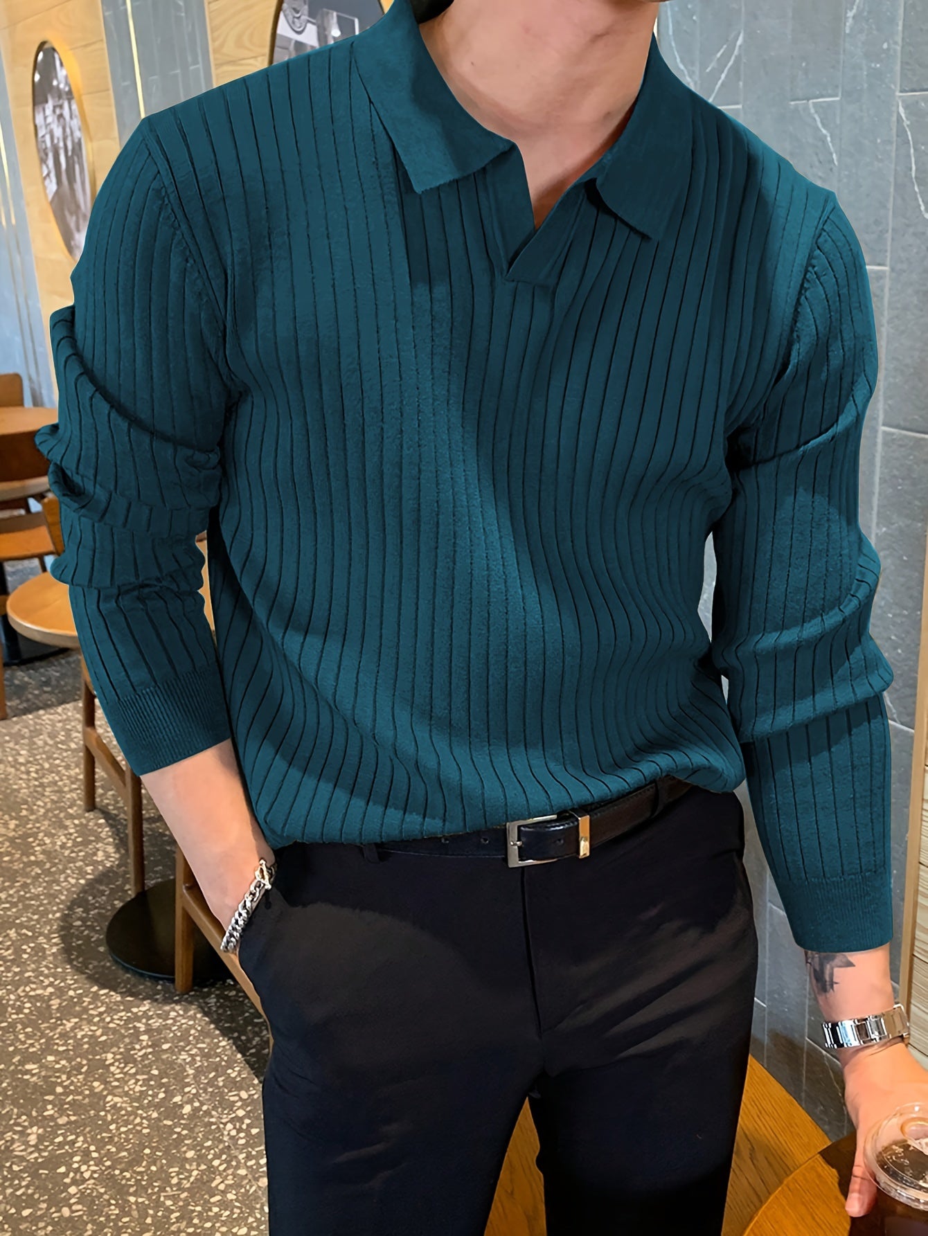 Men's teal ribbed knit polo sweater with V-neck collar